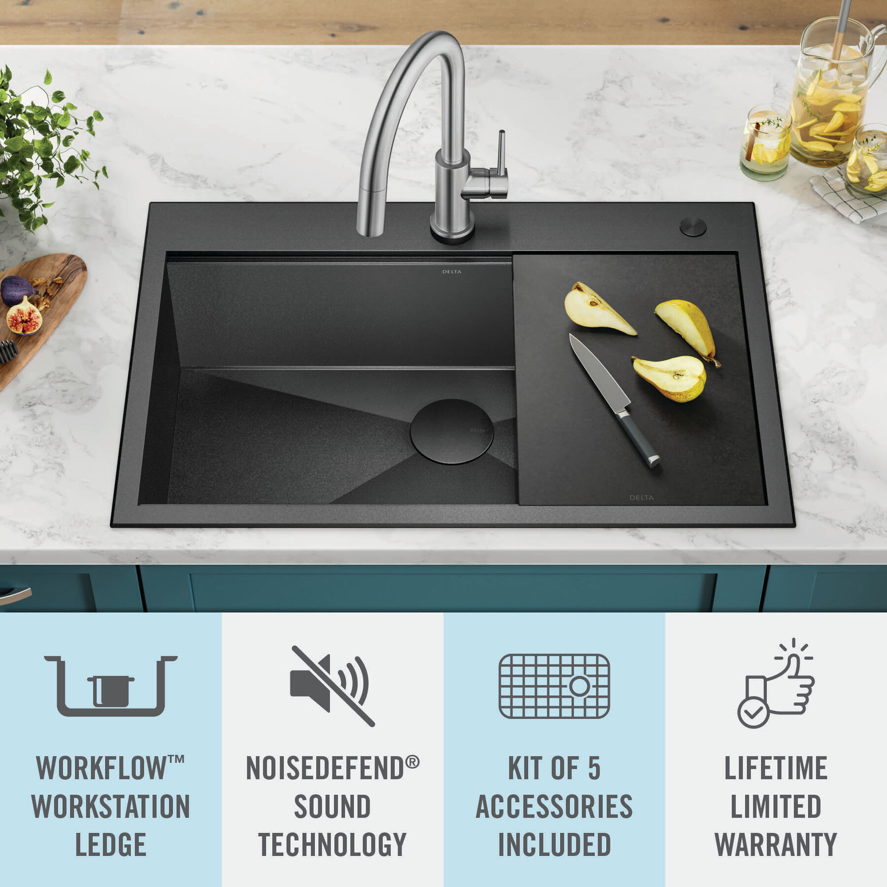 33&rdquo; Drop-In Top Mount&nbsp;16 Gauge Workstation Kitchen Sink Single Bowl&nbsp;with WorkFlow&trade; Ledge and Accessories